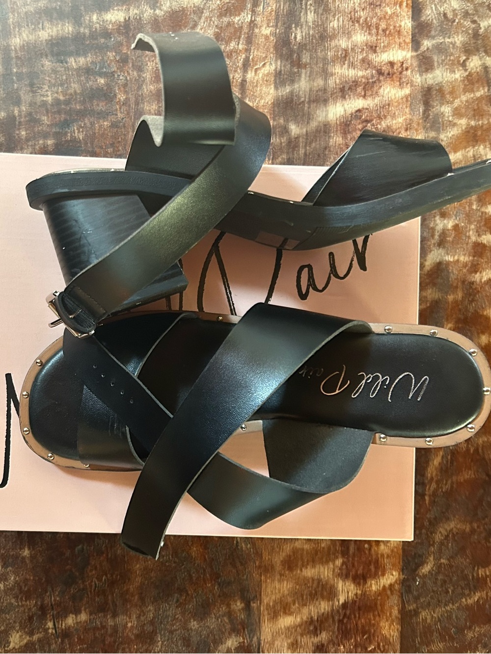 Black Crisscross Stud-Trim Block Heel Sandals